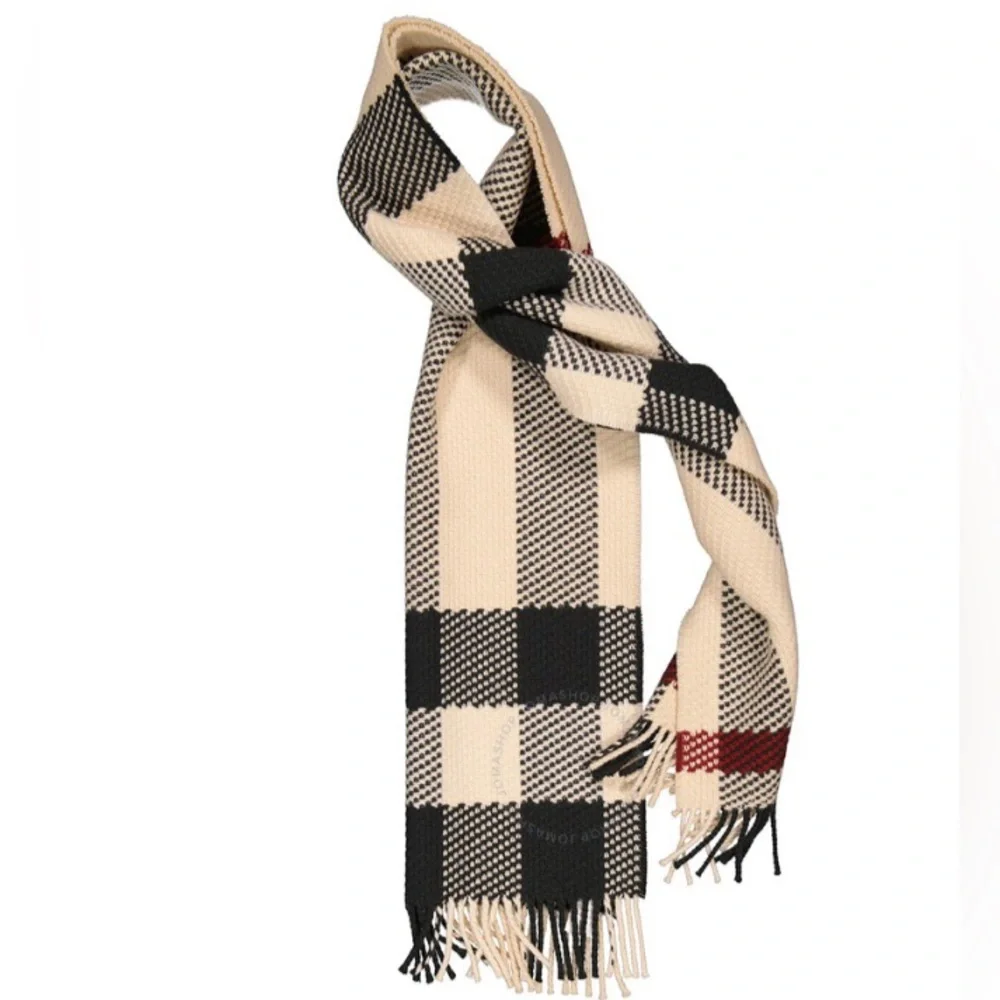 NWT $1050 Burberry Jumbo Check Fringe Wool Scarf in Stone, Unisex!